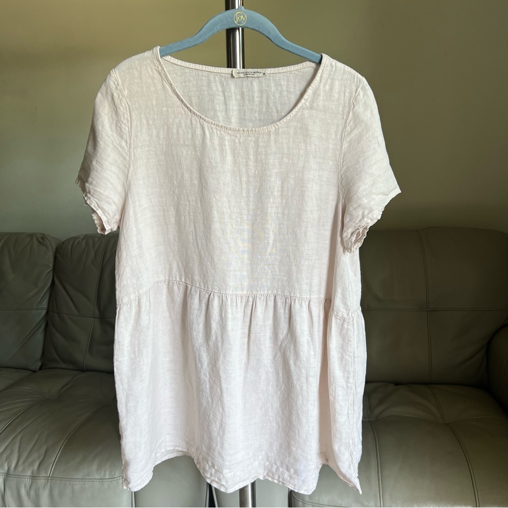 Francesca Bettini Linen Top Blouse Beige Short Sleeve Size M Italy Lagenlook